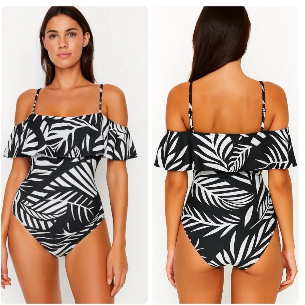 NEW BCBG Mio Off the Shoulder White Black One Piece Swimsuit LARGE